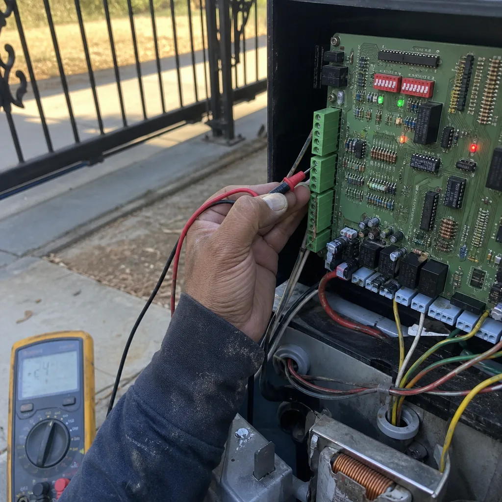 Technician performing professional electric gate repair and circuit board diagnostics