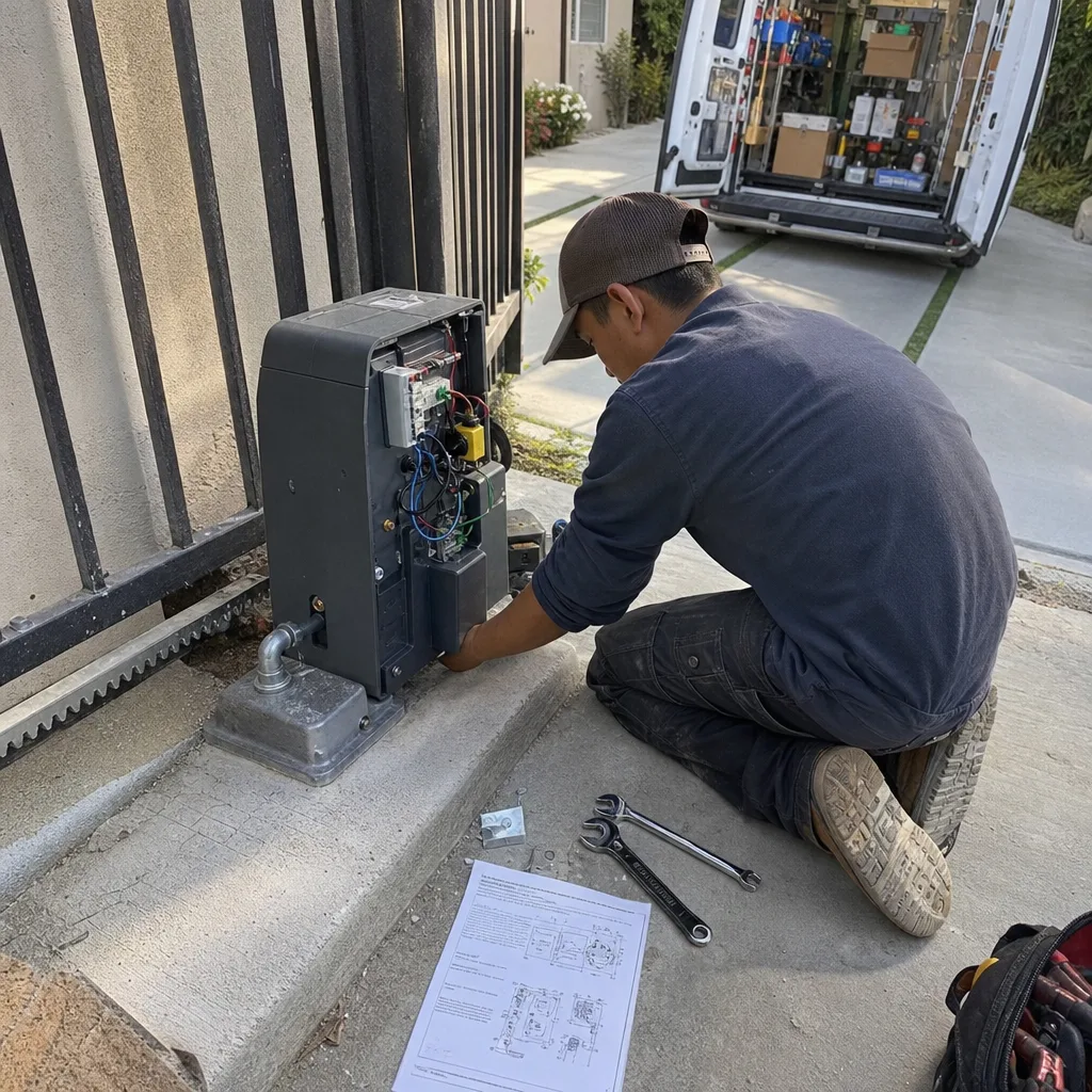 Technician performing professional electric gate motor repair and maintenance.