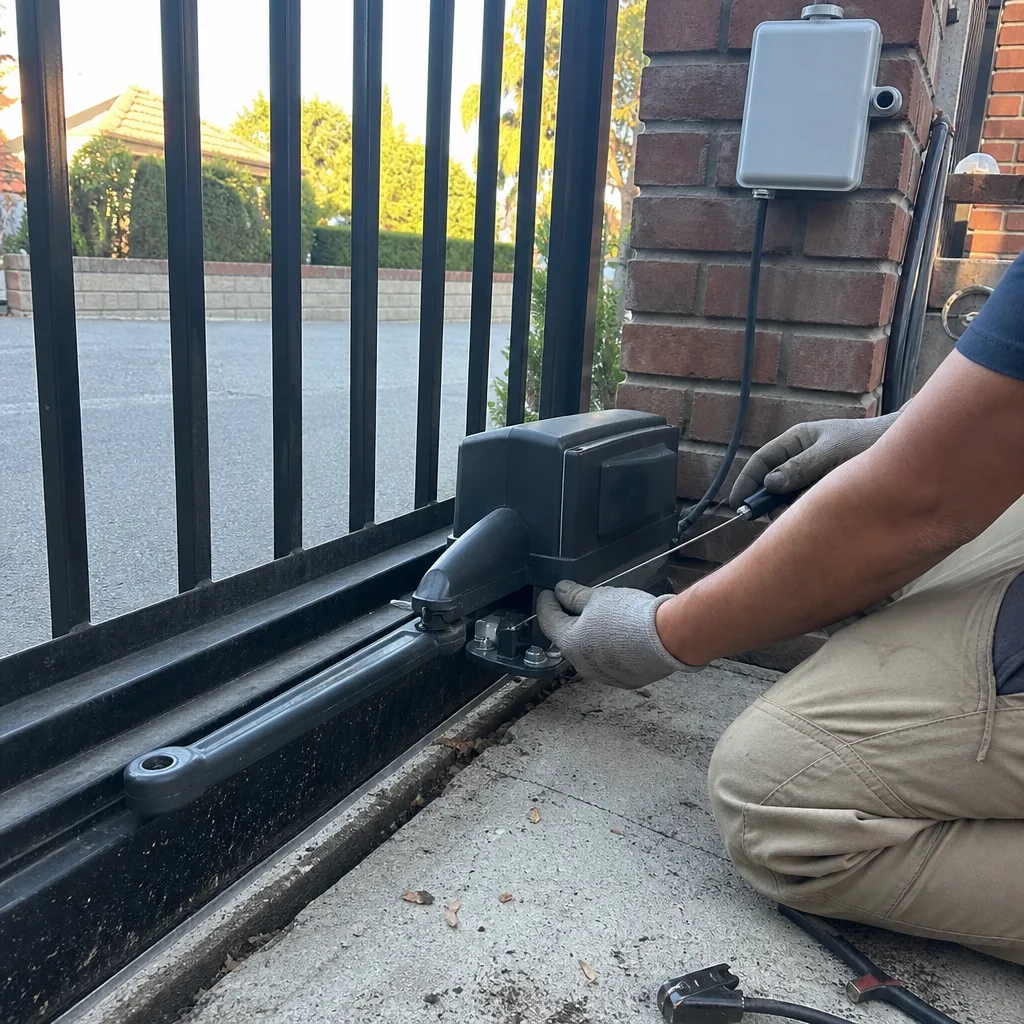 Technician performing professional electric gate motor repair and maintenance
