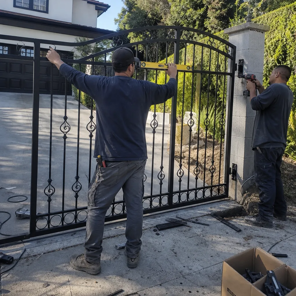 Two contractors installing a new wrought iron driveway gate.