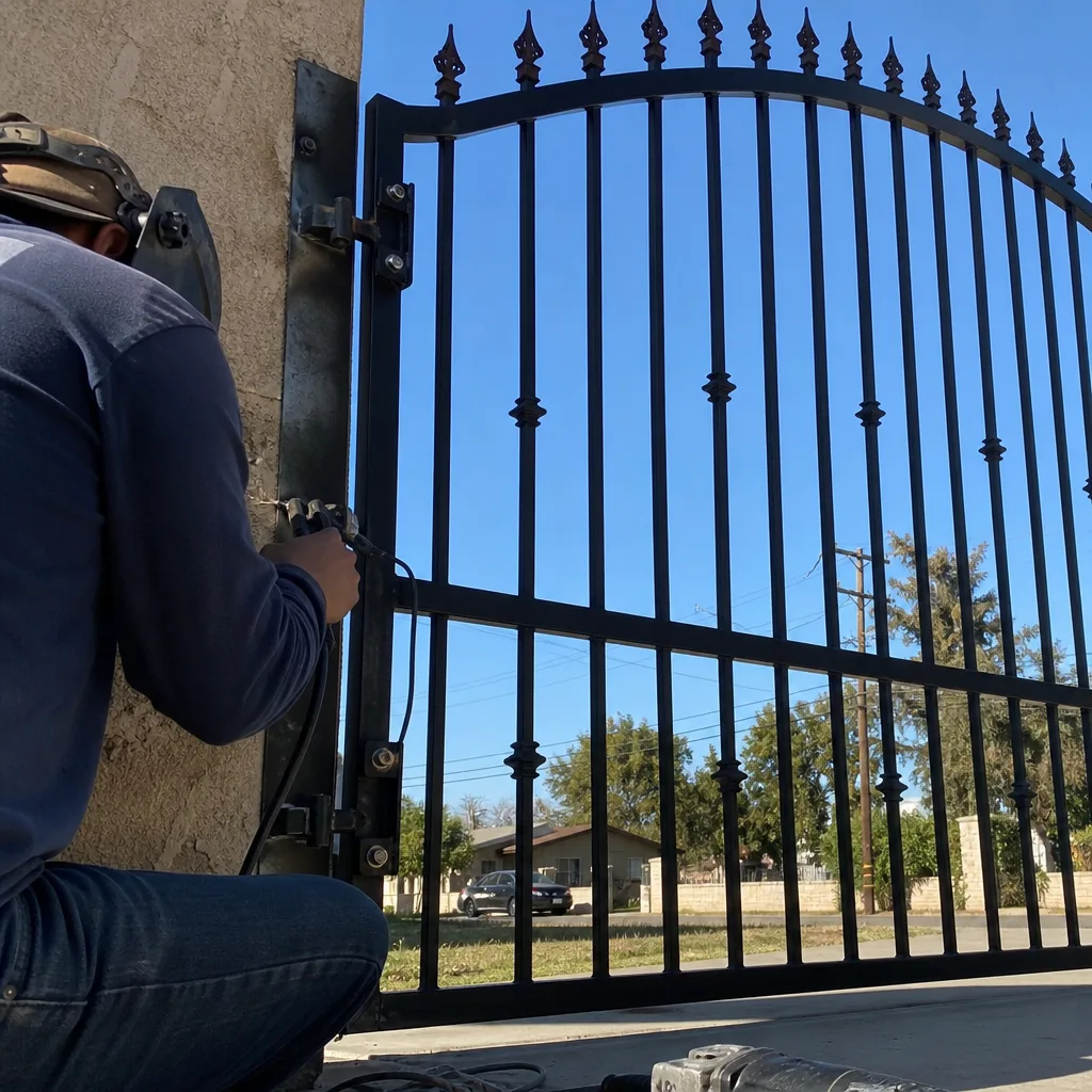 Professional welder performing metal driveway gate installation and repair