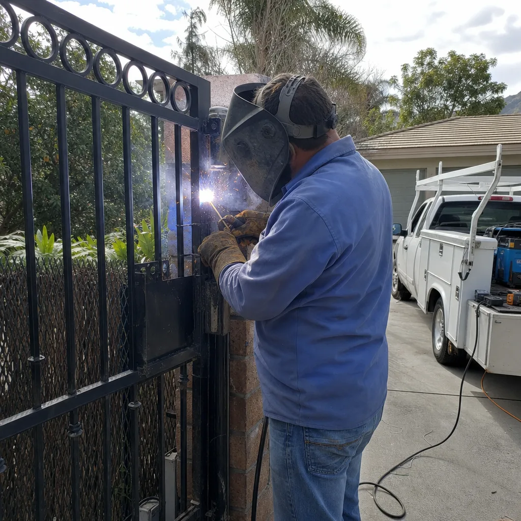 Professional welder performing on-site gate repair service